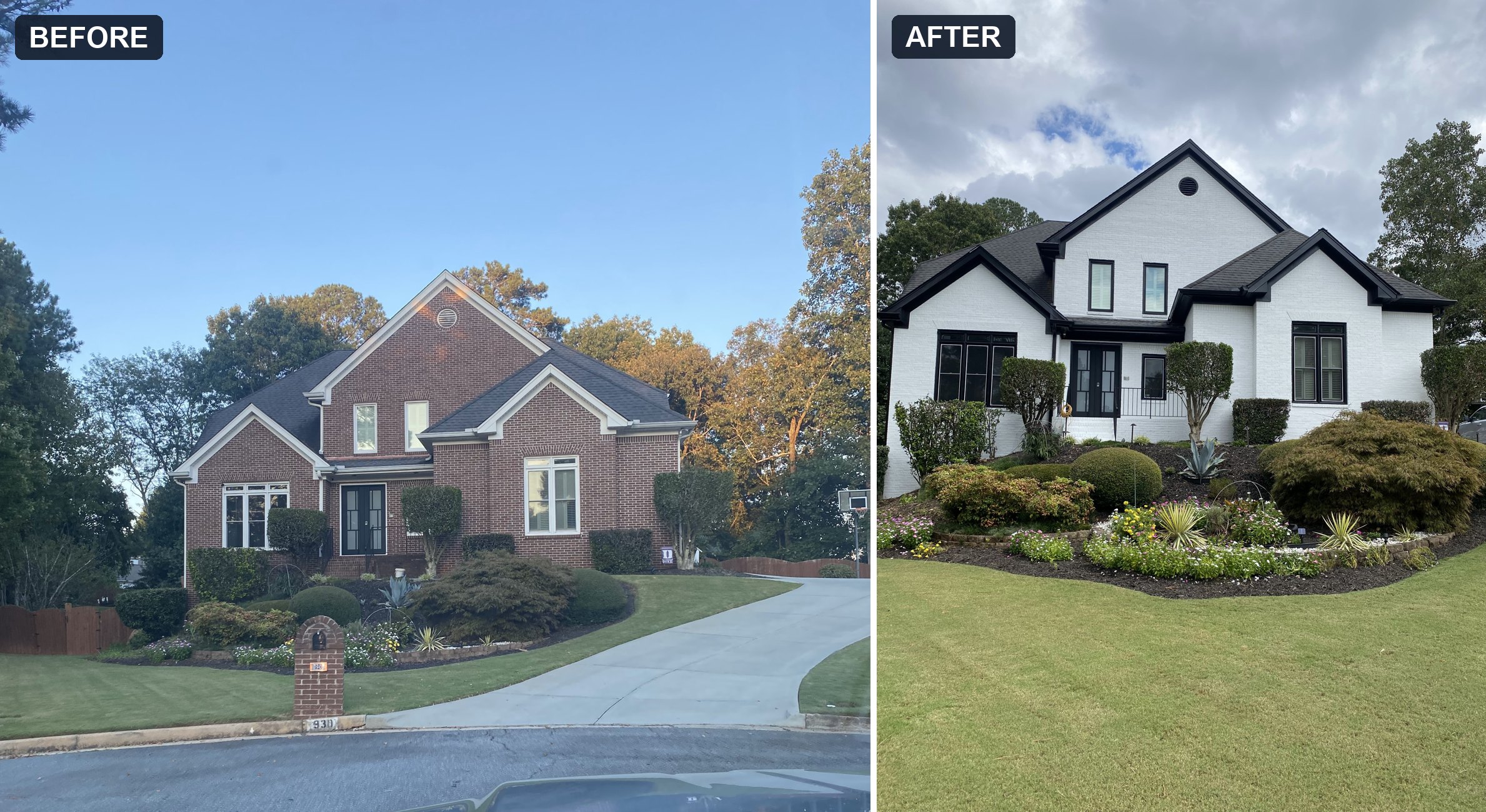 Same house shown before in brick and after painted white