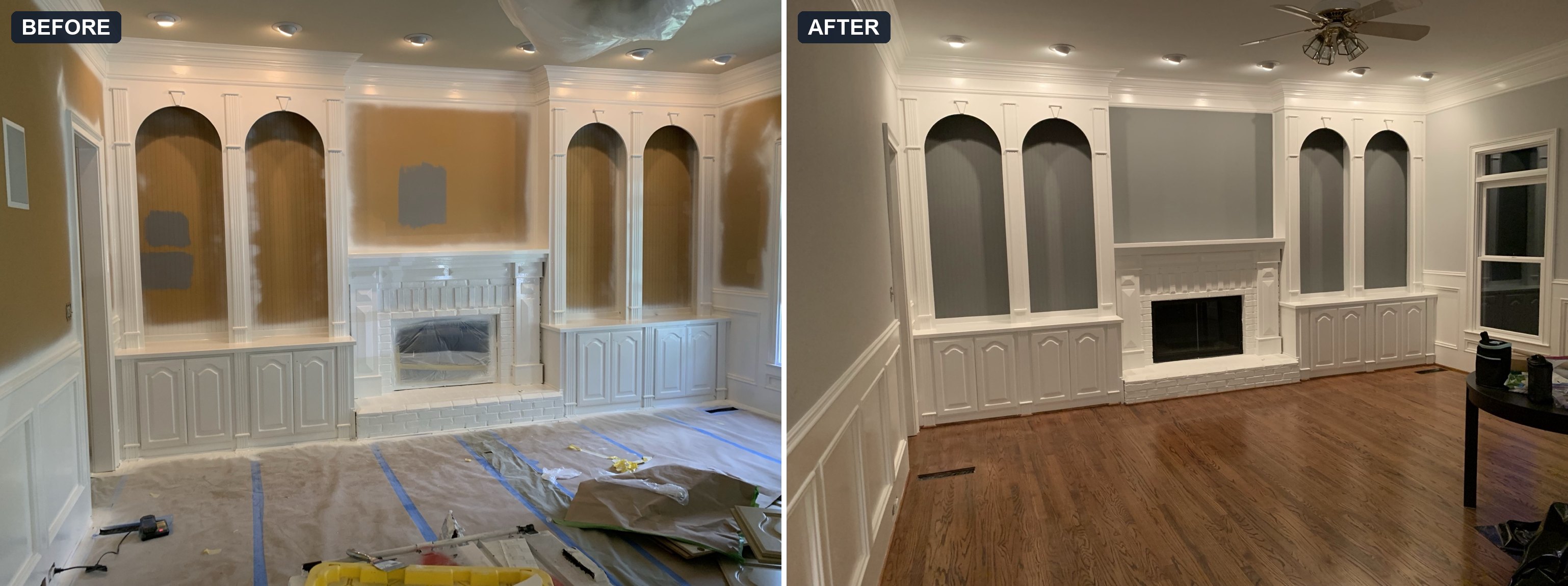 Built-in millwork and fireplace shown during prep and after finishing